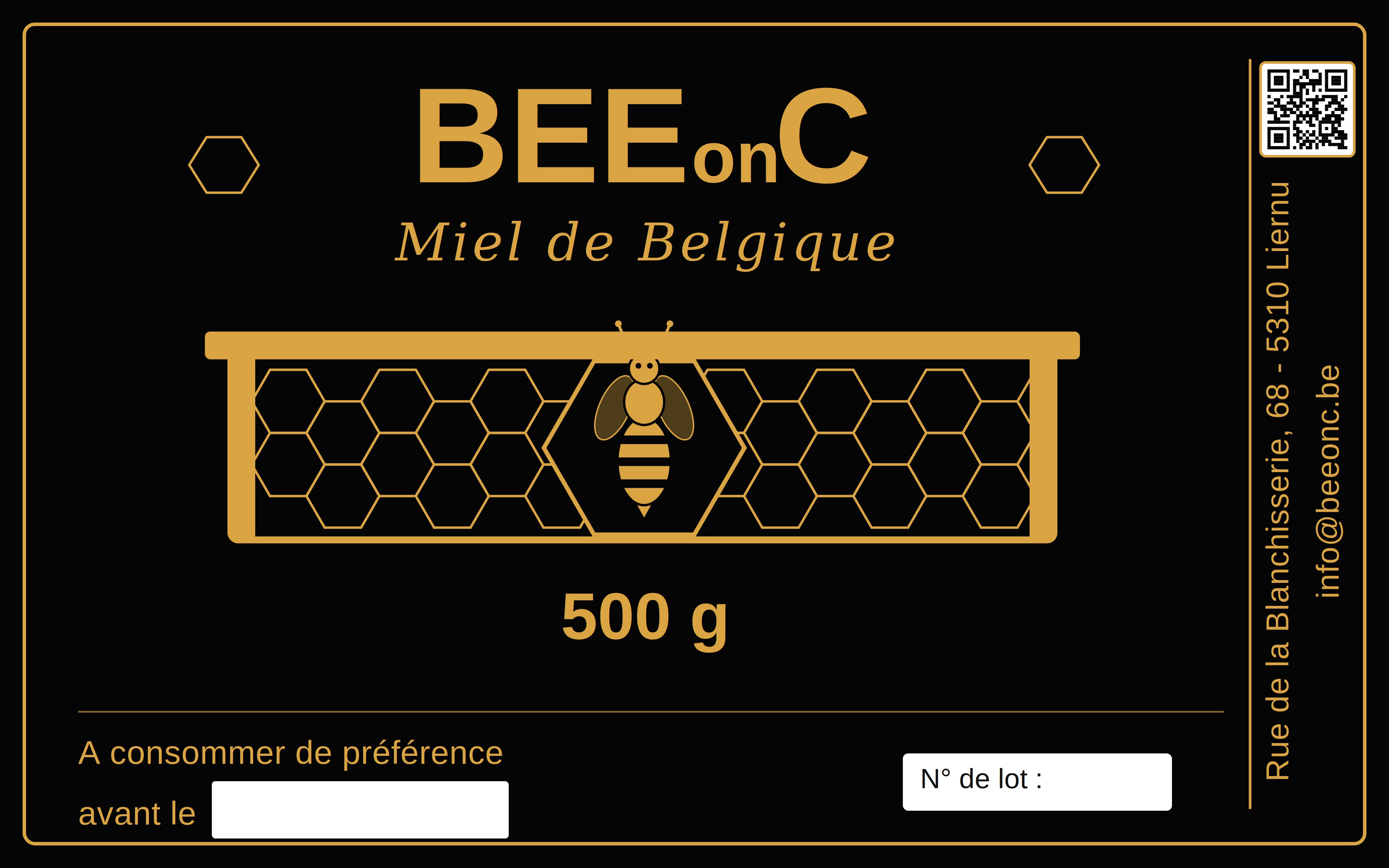 Étiquette du pot de miel BEEonC, Miel de Belgique, 500 g